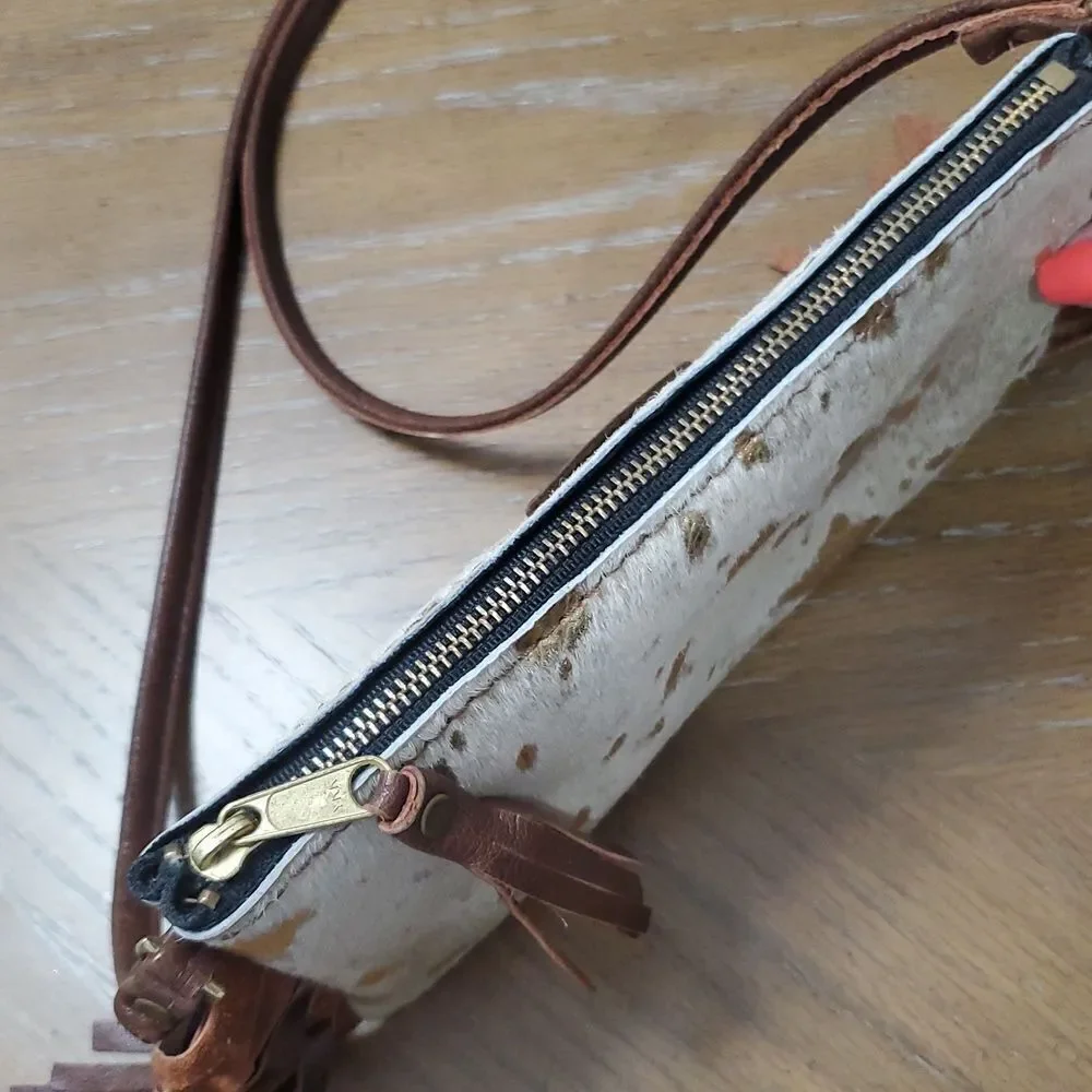 WILD GOOSE WOMEN'S HAIR ON HIDE LEATHER WRISTLET IVORY GOLD BROWN LEATHER FRINGE
